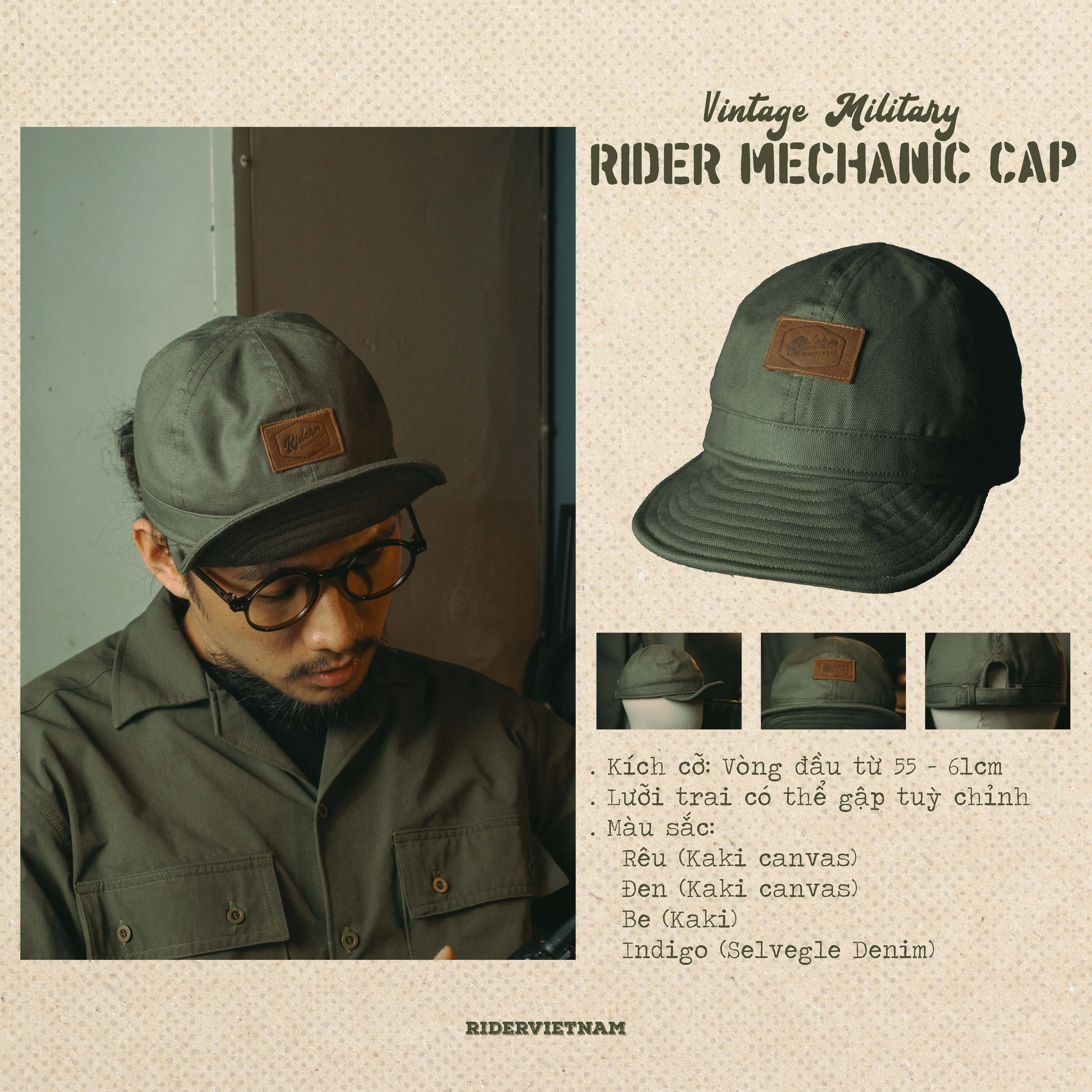 Mũ Rider Mechanic Cap  - Phong Cách Vintage Military - Rider VietNam