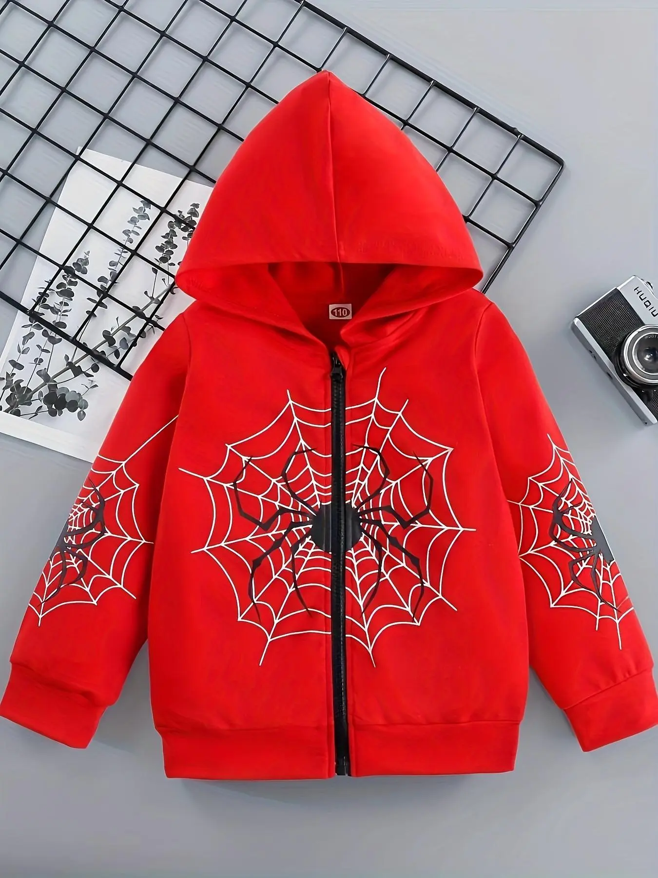 Toddler Boy's Spider Web Print Zip Up Hoodie, Casual Long Sleeve Hooded Jacket for Spring & Fall, Kids Clothes for Daily Wear