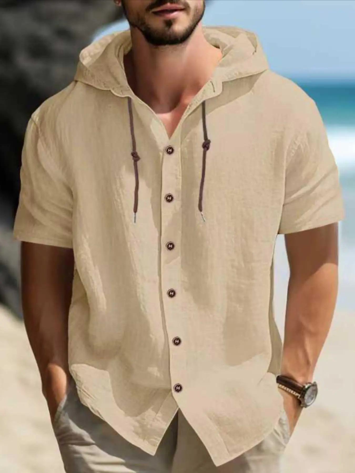 Men's Solid Button Hooded Shirt, Casual Breathable Short Sleeve Top for Summer, Fashion Men's Clothes for Beach Vacation, Menswear, Going Out Tops
