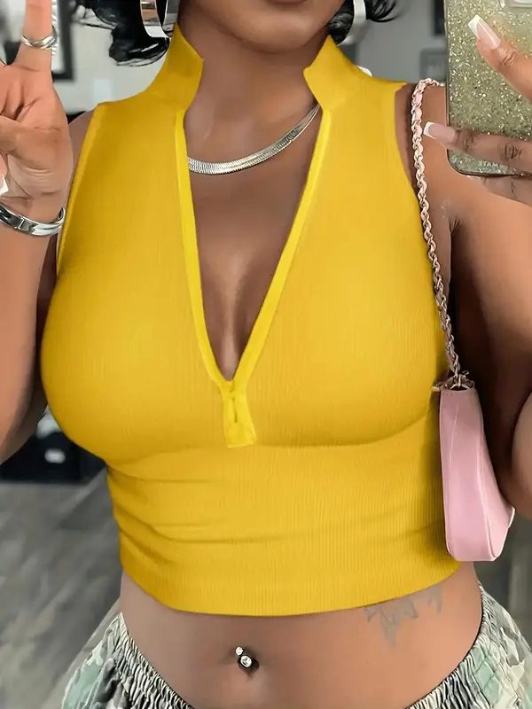 Women's Solid Color Half Placket Zipper Mock Neck Ribbed Crop Tank Top, Casual Sleeveless Cropped Top for Summer, Summer Clothes, Going Out Top, Streetwear, Ladies Clothing for Daily Wear 0