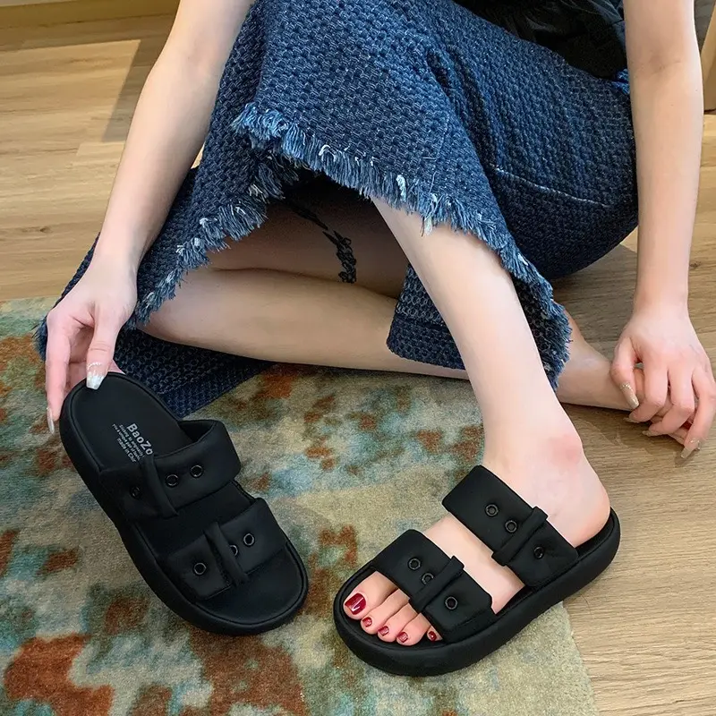Dép bánh mì nữ 2 quai ngang đế cao 3cm phong cách Hàn Quốc DéP Cao Su Nhung Shoes GiàY 4