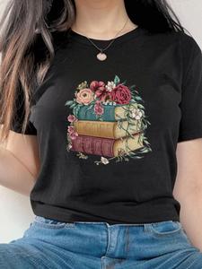 ImprinTee Women's Floral & Book Print Round Neck Tee, Casual Short Sleeve T-shirt for Daily Wear, Ladies Summer Outfit