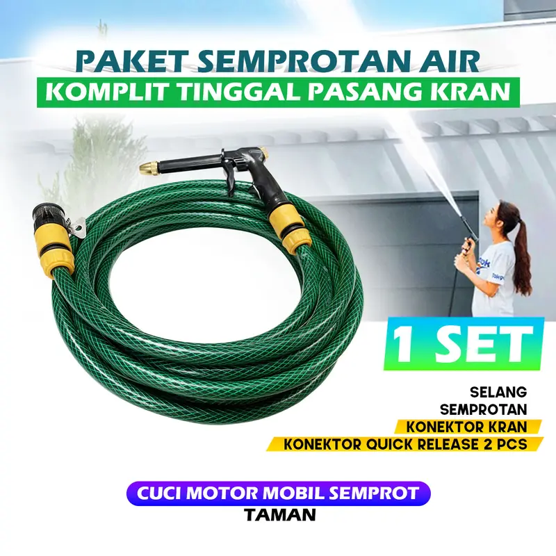 Selang Semprotan Air Semprot Cuci Motor Mobil Siram Taman Benang Hijau Anti Lumut 2mm - Komplit Universal Paket Selang + Semprotan Bonus Konektor Quick Release 3