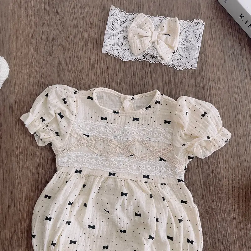 Bodysuit Bé Gái Chất Xô Muslin Thiết Chấm Bi Nơ Đen, Kèm Turban Nơ Xinh Xắn, Dành Cho Bé 3kg Đến 11kg 2