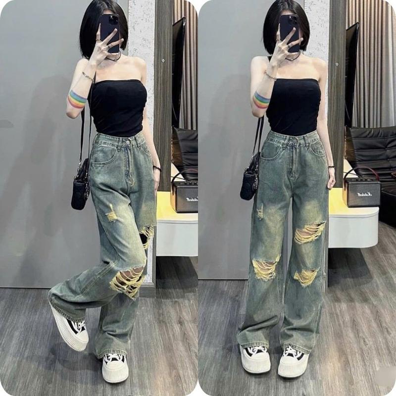 (S-XL) Quần Jean Suông - Quần Jean Ống Rộng Rách Gối Wash Ánh Vàng Basic Lưng Cao Ôm Eo QC HYDI Jeans FullSize S M L. Nữ Women Ong Pants Denim