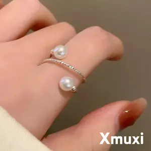 [Xmuxi] Cincin Mutiara Dua Desain Melilit Perak dengan Batu Kecil Desain Unik Elegan Untuk Wanita Cincin Jari Telunjuk B183