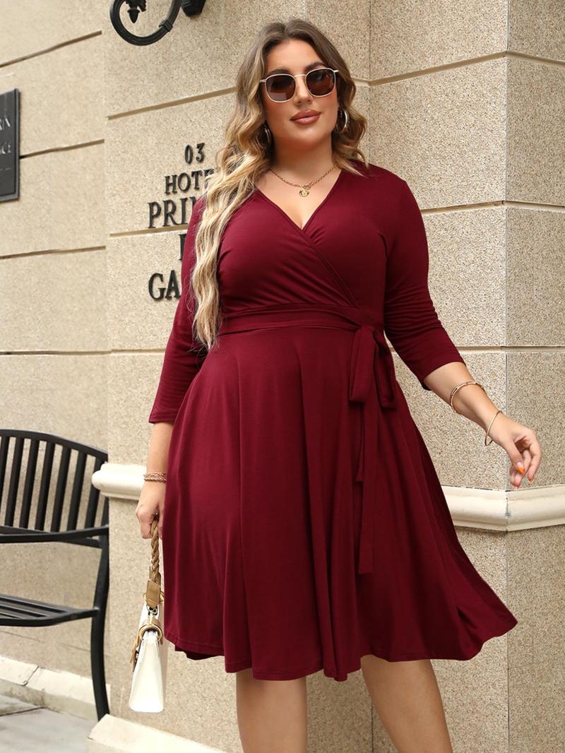 Product Introduction of 【Plus Size】Trendy Plain Wrap V Neck Belted A Line Plus Size Dress, Women's 3/4 Length Sleeve Solid Dress, Summer Dresses, Womenswear 4