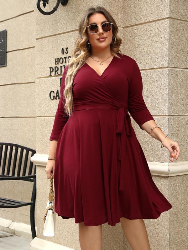 【Plus Size】Trendy Plain Wrap V Neck Belted A Line Plus Size Dress, Women's 3/4 Length Sleeve Solid Dress, Summer Dresses, Womenswear 3