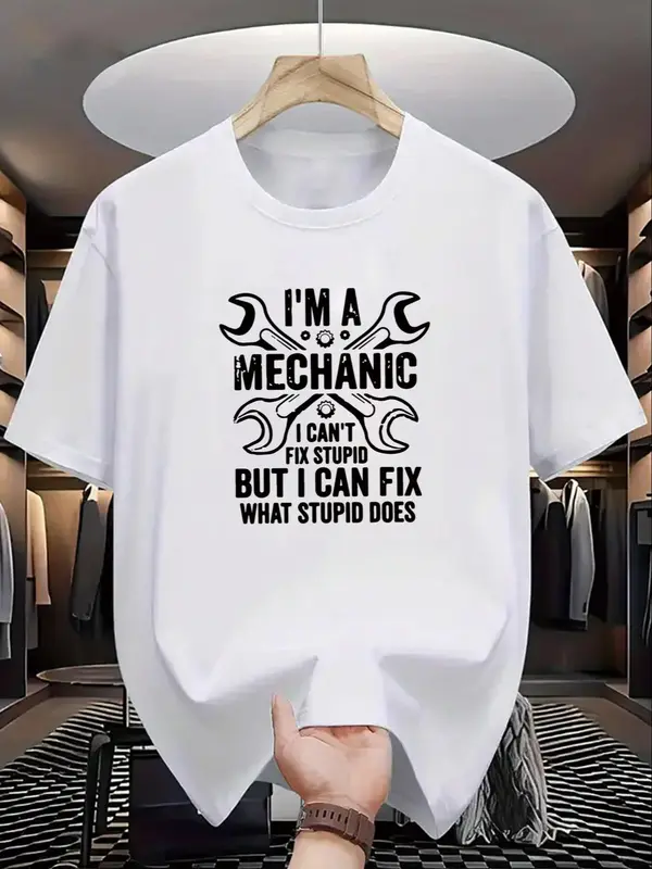 Men's Regular Fit Mechanic Print Drop Shoulder Tee, Casual Comfy Short Sleeve Round Neck T-shirt for Summer, Fashion Men's Top for Daily Wear 5