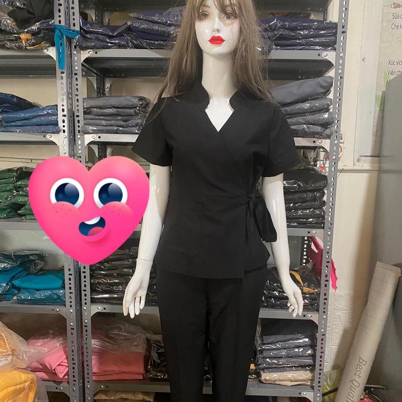 Đồng phục spa cổ tàu dây nơ buộc eo màu đen Nữ