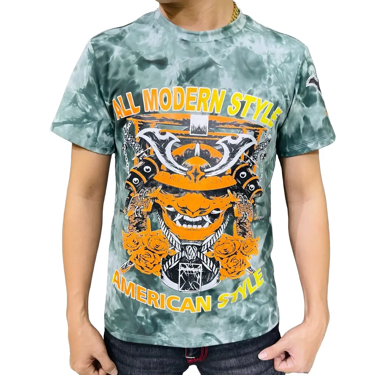 Áo thun nam tay ngắn màu xanh in hình samurai cam, chất thun co giãn 4chiều  Menswear Cổ Tròn