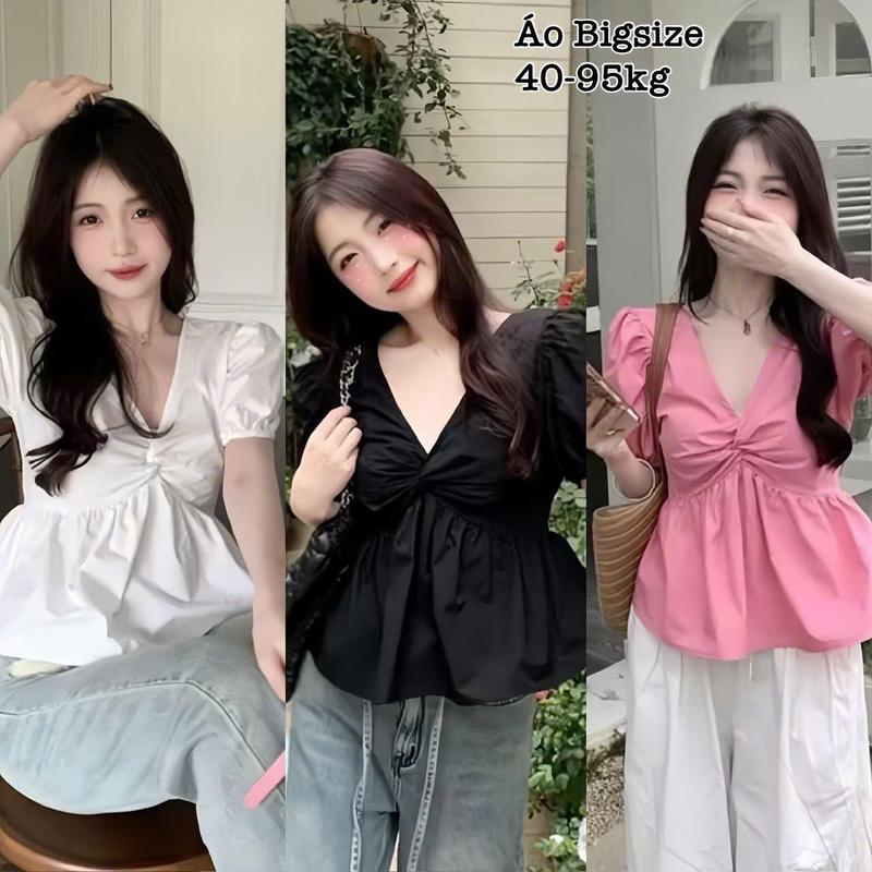 Áo Lẻ Babydoll Nữ Bigsize Cổ V Xoắn Ngực Tay Phồng Tiểu Thư Công Chúa Xinh Đẹp Cho Nàng Chuppy Cao Cấp Dễ Thương Freesize 50-95kg Top Áo Baybydoll Ao Babytee - 2496