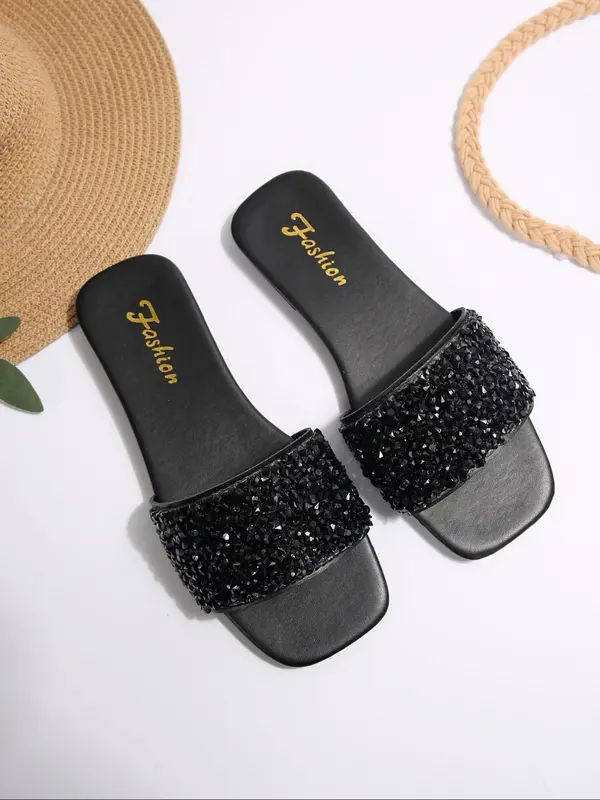 Women's Rhinestone Decorated Slide Sandals, Casual Slippers, Comfortable Flat Sandals for Beach Vacation, Fashionable Shoes for Daily Wear 4