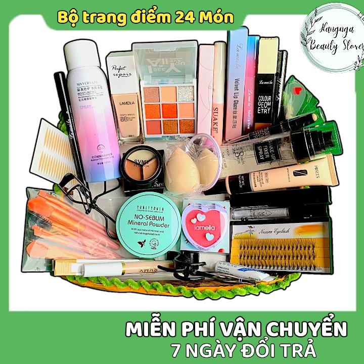 Bộ Trang Điểm 24 món gồm Xịt khoá make-up, Bảng phấn mắt, Kem nền, Kẻ mắt, Kẻ mày, Bộ cọ, Kẹp cong mi, Son, Phấn phủ.. đầy đủ như hình Mỹ Phẩm Nữ