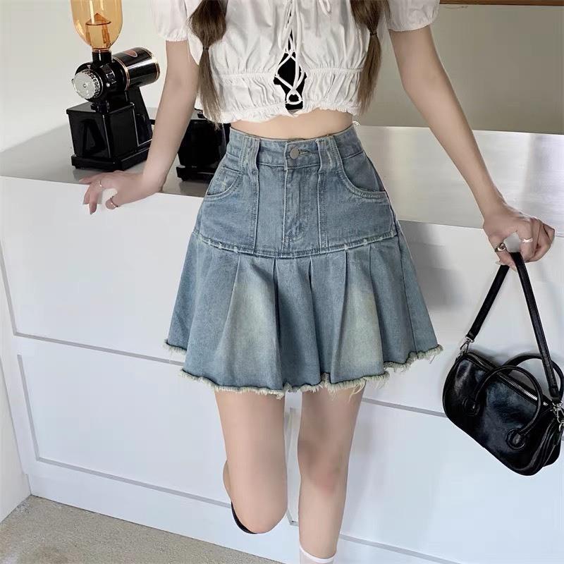 Chân Váy Jean nữ xếp ly SHOP NHƯ QUỲNH  Tua rua gấu, chân váy xếp ly có lót trong c58 1