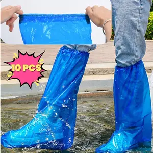 10 PCS Penutup Sepatu Tahan Air  Penutup Sepatu Tahan Air Potongan Tinggi Sekali Pakai 50cm Di Atas Pergelangan Kaki Buang Di Hari Hujan Sepatu PE Tahan Hujan Yang Nyaman Dan Tahan Basah Dan Tidak Licin Biru