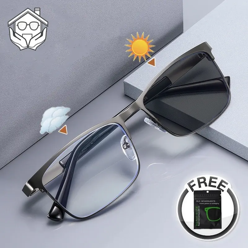 #19113 Anti Radiation Photochromic Eyeglass For Women Student Men Square Metal Replaceable Lens Eyeglasses