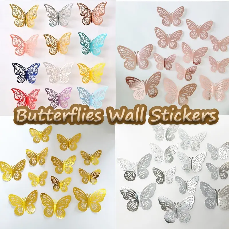 12 PCS 3D Hollow Butterfly Wall Stickersfor children's room, simple colorful butterfly sticker for wall decoration small Led night light