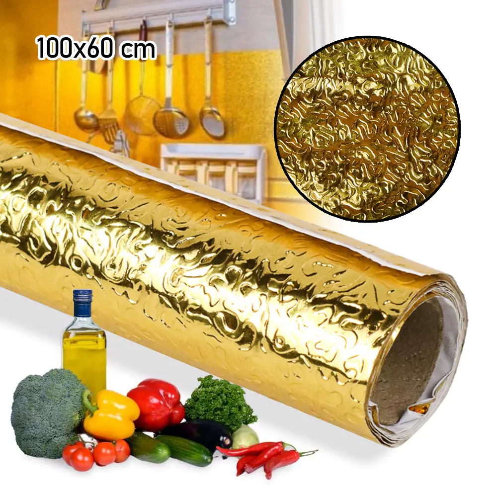 Sticker Wallpaper Aluminium Foil Anti Minyak Waterproof 100x60cm Warna Gold Dinding