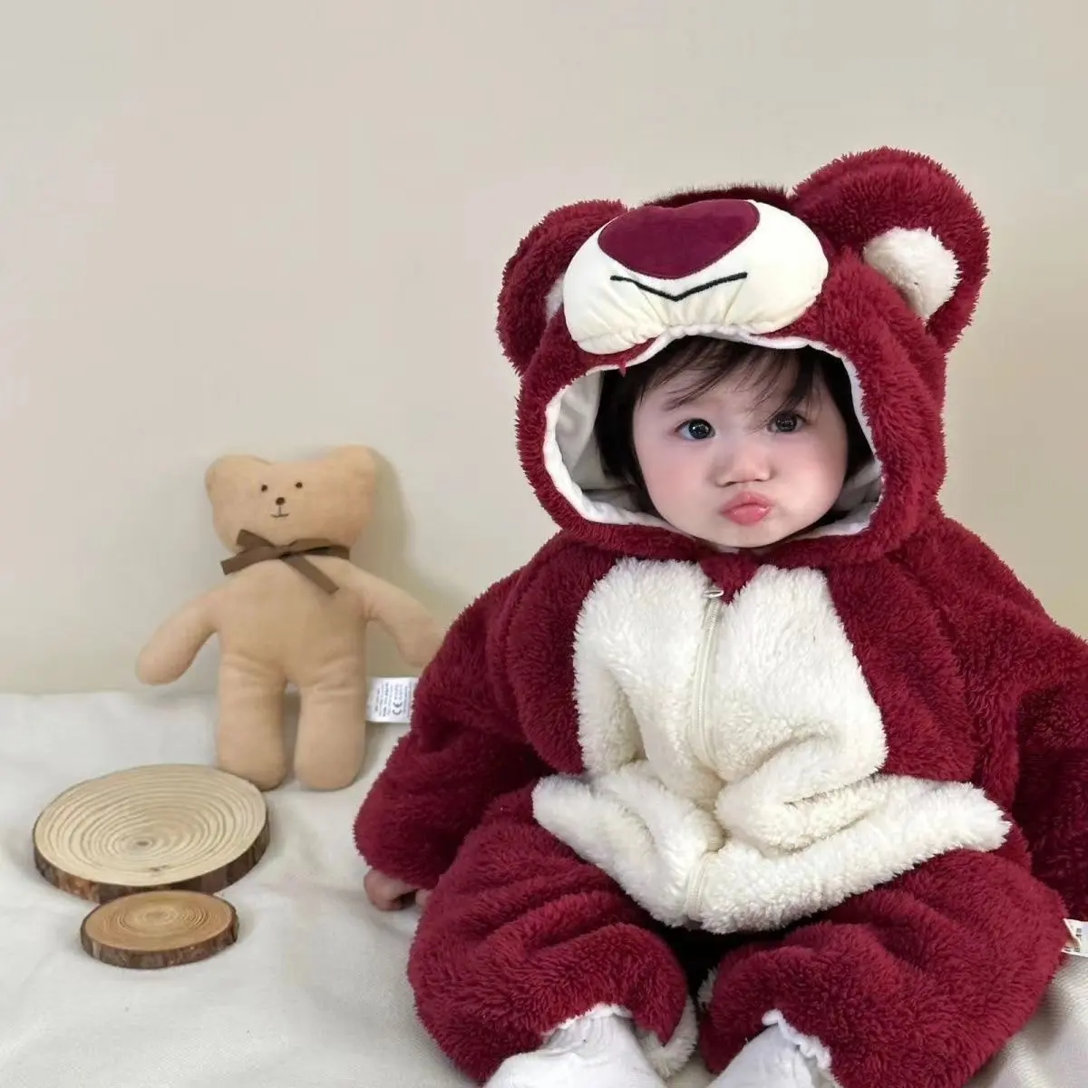Áo Jumpsuit Quần Cho Trẻ Sơ Sinh, Dày Dặn Giữ Nhiệt, Thích Hợp Cho Mùa Đông, Hoàn Toàn Cho Trăng Tròn, Cho Bé Gái, Quần Áo Mặc Ngoài, Thiết Kế Hình Gấu Dâu Tây Hoạt Hình