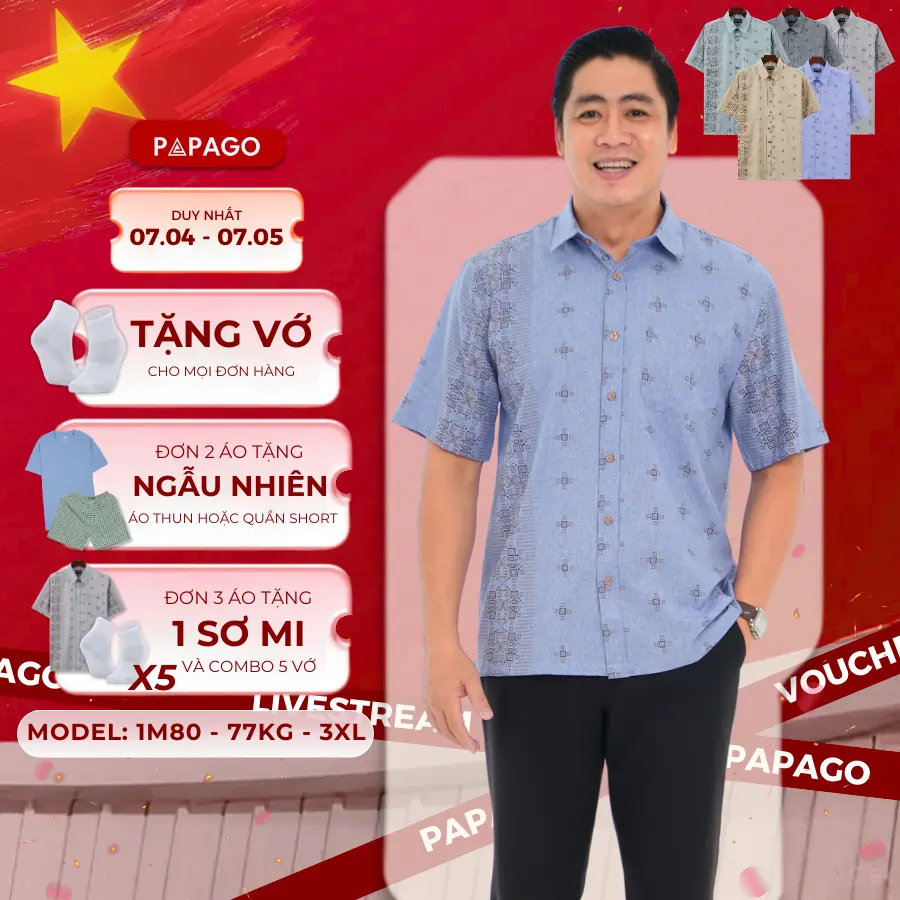 Áo sơ mi nam trung niên PAPAGO tay ngắn vải xô đũi lai ngang in họa tiết - P24SNHT010