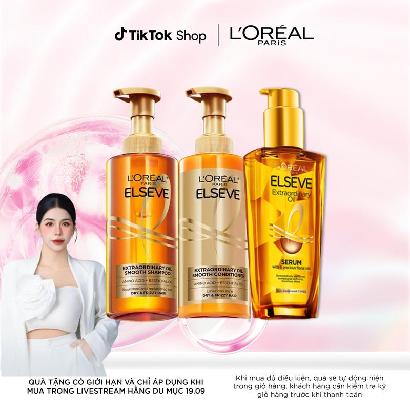 HẰNG DU MỤC x LOREAL Bộ Gội Xả & dầu dưỡng tóc suôn mượt tóc cao cấp L'Oreal Paris Extraordinary Oil Smooth 400mlx02 + 100mlx01 Nữ Women