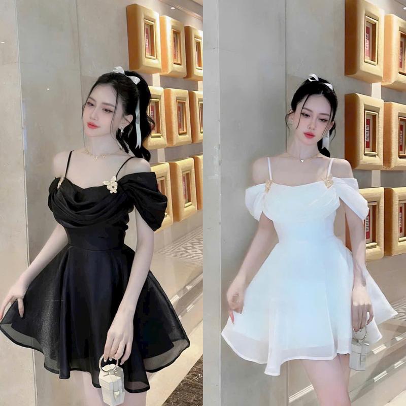 Đầm váy nữ 2 dây rớt vai đính phụ kiện ngực xếp ly Xòe - Sang chảnh phù hợp cho quý cô dự tiệc, hoặc hẹn hò - Women, Dress