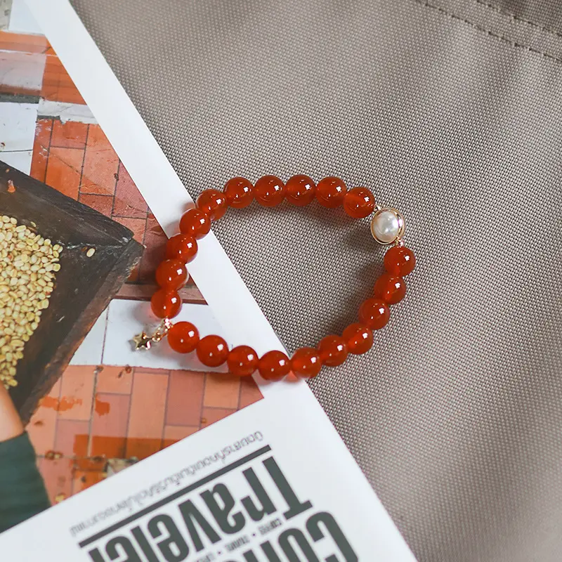 Red Agate Bracelet for Women, Natural Freshwater Pearl Beaded Bracelet with Star Accessories, Red Jewelry for Birth Year, Festive and Elegant pearl  bracelet