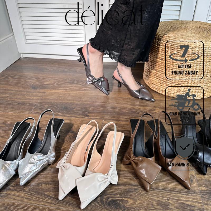 (Form dài lùi size) Giày sục nữ gót mũi nhọn cao 5p gắn nơ lệch xinh xắn D156