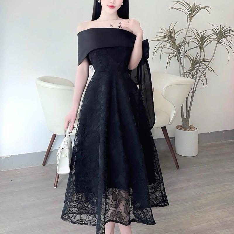 Váy thiết kế ren trễ vai dáng dài phối tơ NQtl2 1