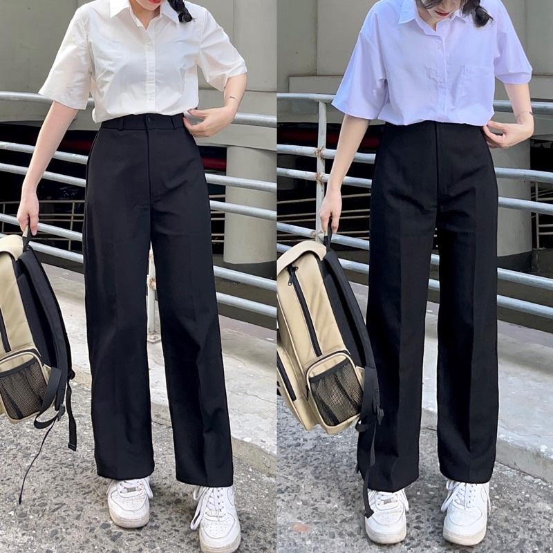 Quần ống suông nữ lưng cao khóa trước 1 khuy chất vải tuyết mưa Quần ống rộng cạp cao màu đen học sinh (RG56) Pants Dáng Dài  Women quầntây ốngsuông tây