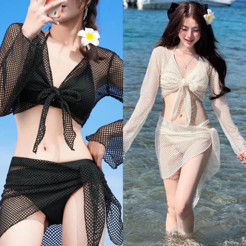 (SML) Sét bikini 2 mảnh màu trắng kem trà sữa có tặng kèm áo lưới tổ ong và khăn quấn cao cấp hot