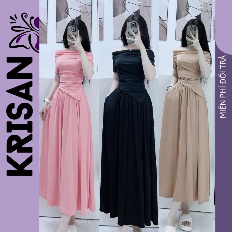 Set Bộ Áo Trễ Vai Vạt Nhọn Thun Tăm Cộc Tay Mix Chân Váy Dài Cùng Màu, Set Chân Váy Dài Thanh Lịch Form Ôm  KRISAN