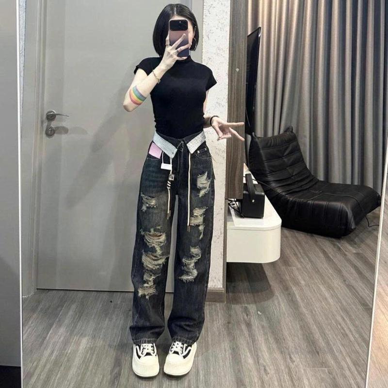 Quần jean rách gối MELINA quần suông ống rộng nữ bẻ cạp màu đen ánh rêu thời trang size S M L 8825