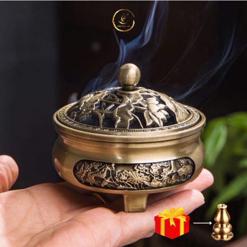 Lư Xông Trầm Hương - Đỉnh Đốt Nhang Bằng Hợp Kim Đồng Đúc Nguyên Khối Thiết Kế Tinh Xảo Kèm Lót Bông Chống Cháy Dầu Thơm Phòng Dầu Thơm
