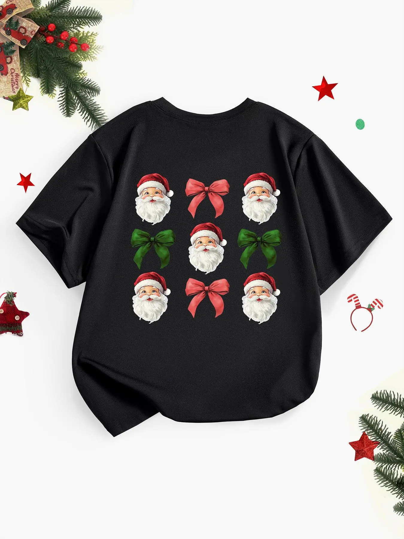 Girl's Cartoon Santa Claus & Bow Print Round Neck Tee, Casual Short Sleeve Crew Neck T-shirt for Christmas Daily Wear, Kids Clothes for All Seasons