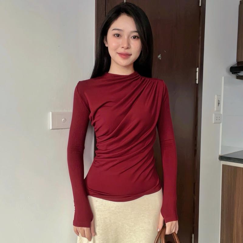 Áo thun nữ dài tay cổ tròn rúm eo tôn dáng, chất liệu cao cấp COTTON ZIP co giãn 4 chiều, mềm mịn - 196 Top Women Shirt