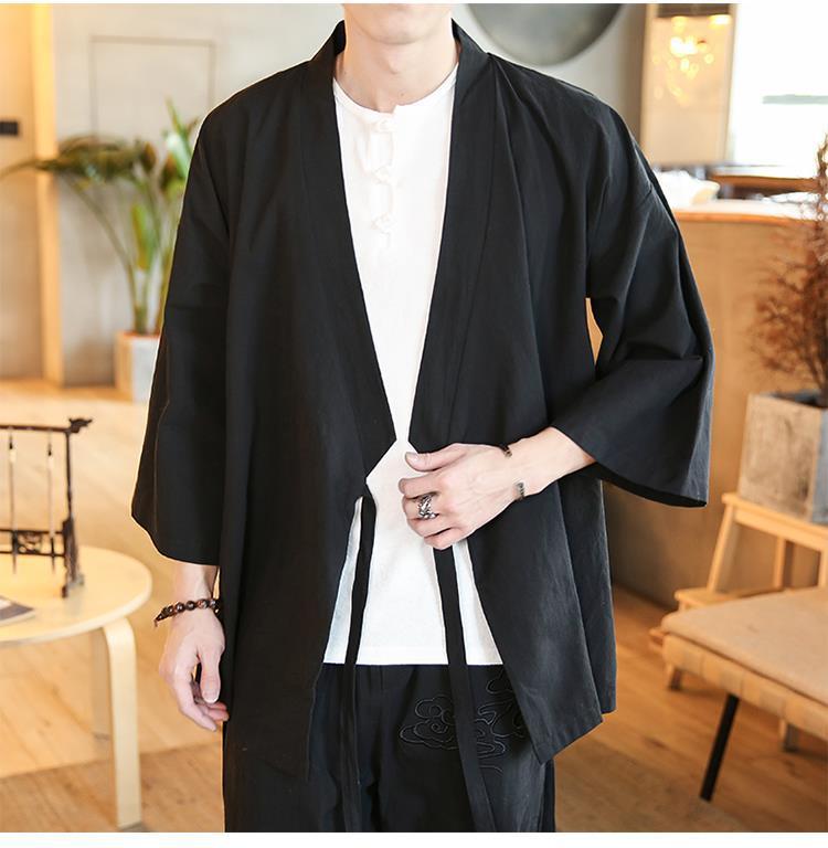 Product Introduction of Quần Áo Ba Phần Tư Tay Áo Cho Nam, Áo Có Ve Áo Mùa Hè Phong Cách Trung Quốc, Quần Áo Phật Giáo Thiền Lay, Quần Áo Trà Phong Cách Cổ Xưa, Áo Choàng Vải Lanh Cotton 6