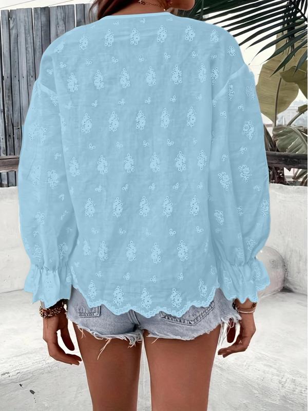 Women's Eyelet Embroidery Shirt, Casual Long Sleeve Top for Summer, Women's Clothing for Daily Wear, Blouse 4