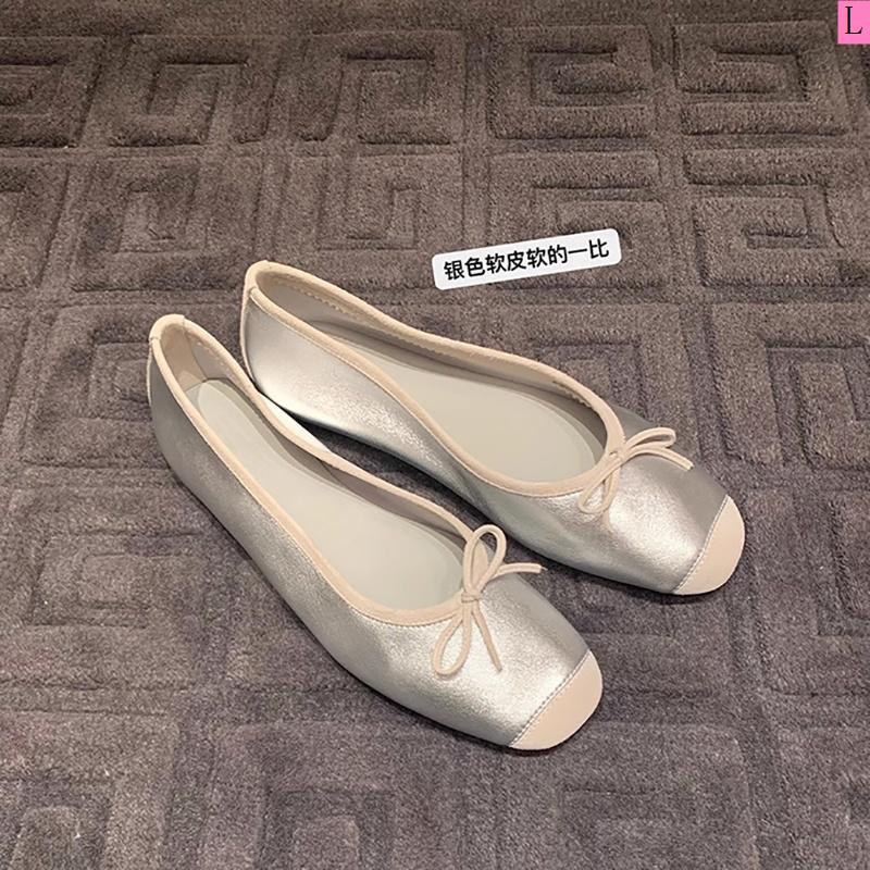 2023 Summer New Style Single Shoes Women Outer Wear Round Toe Shallow Mouth Bow Showing Feet Small Flat All-Match Ballet Shoes Footwear Girl Walking Shoes Running 0