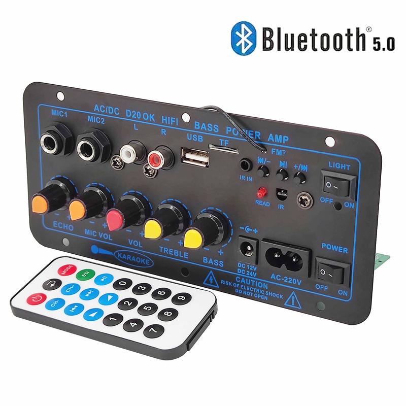 Product Introduction of 220v 12v 24v Digital Bluetooth 5.0 Karaoke Amplifier Board HiFi Stereo Subwoofer Dual Microphone Amplifiers For 8-12 Inch Speaker 42