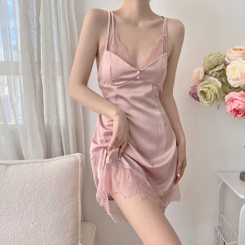 V51 Váy ngủ lụa 2 dây lụa phối ren mềm cao cấp kèm đệm mút 3