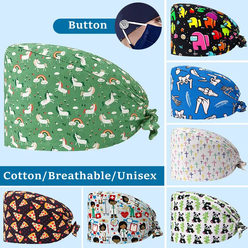 New Fashion Unisex Surgical Scrub Hat Womens Mens Cotton Adjustable Sweat-absorbent Breathable Printed Nursing Hat Clinic Dental Hospital Doctor Nurse Work Cap