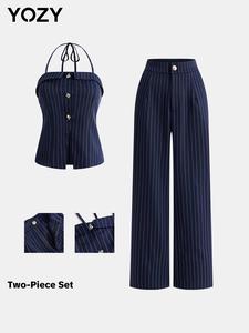 YOZY Women's Striped Print Button Front Halter Top & Wide Leg Pants Two-piece Set, Tie Back Sleeveless Top & Zipper Trousers, Casual Two-piece Outfits for Work Office Business