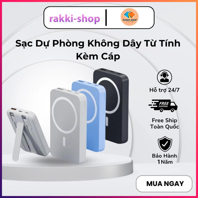 Sạc Dự Phòng Không Dây 10000mAh, Pin Dự Phòng Tích Hợp 2 Dây Sạc, Sạc Siêu Nhanh, Pin Lithium, Nam Châm Hít Siêu Chắc