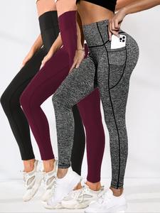 Women's 3pcs High Waist Sports Leggings, Solid Color Pocket Design Skinny Pants, High Stretch Seamless Yoga Leggings, Ladies Sportswear for Indoor Outdoor Wear, Gym Clothes