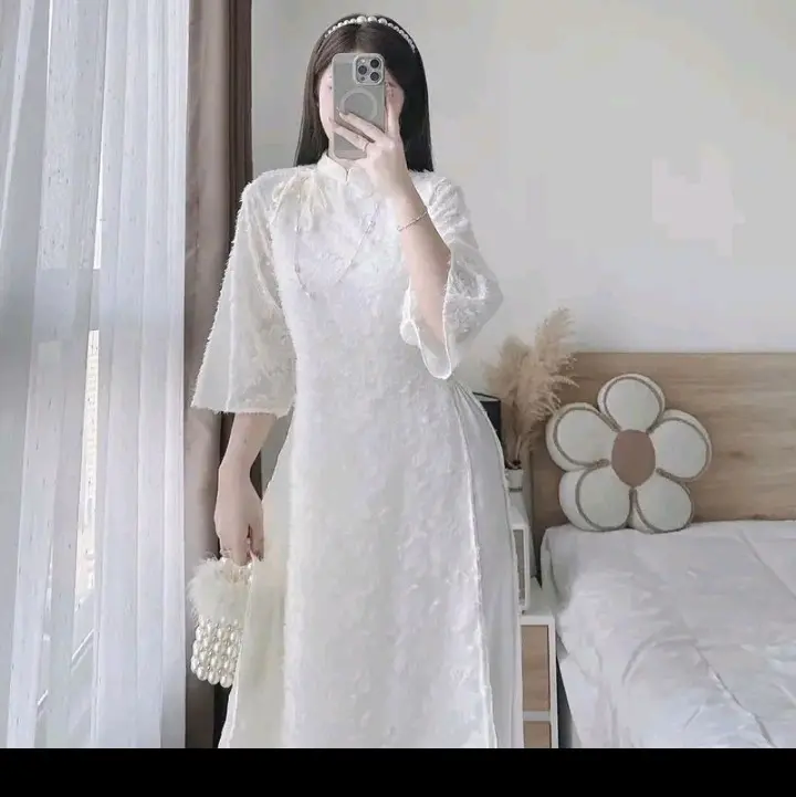 Áo Dài Lông Vũ Hoa Nổi - Dài Cổ Tay, Phối Quần Lụa ( có chun) 6