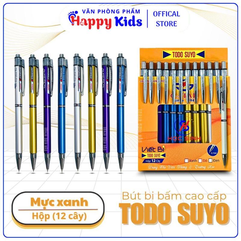 Hộp 12 Cây Bút Bi Bấm Todo Suyo Ngòi Bi 0.7mm Thụy Sĩ, Mực Xanh Của Đức,Mực Đều, Viết Êm - VPP Happy Kids