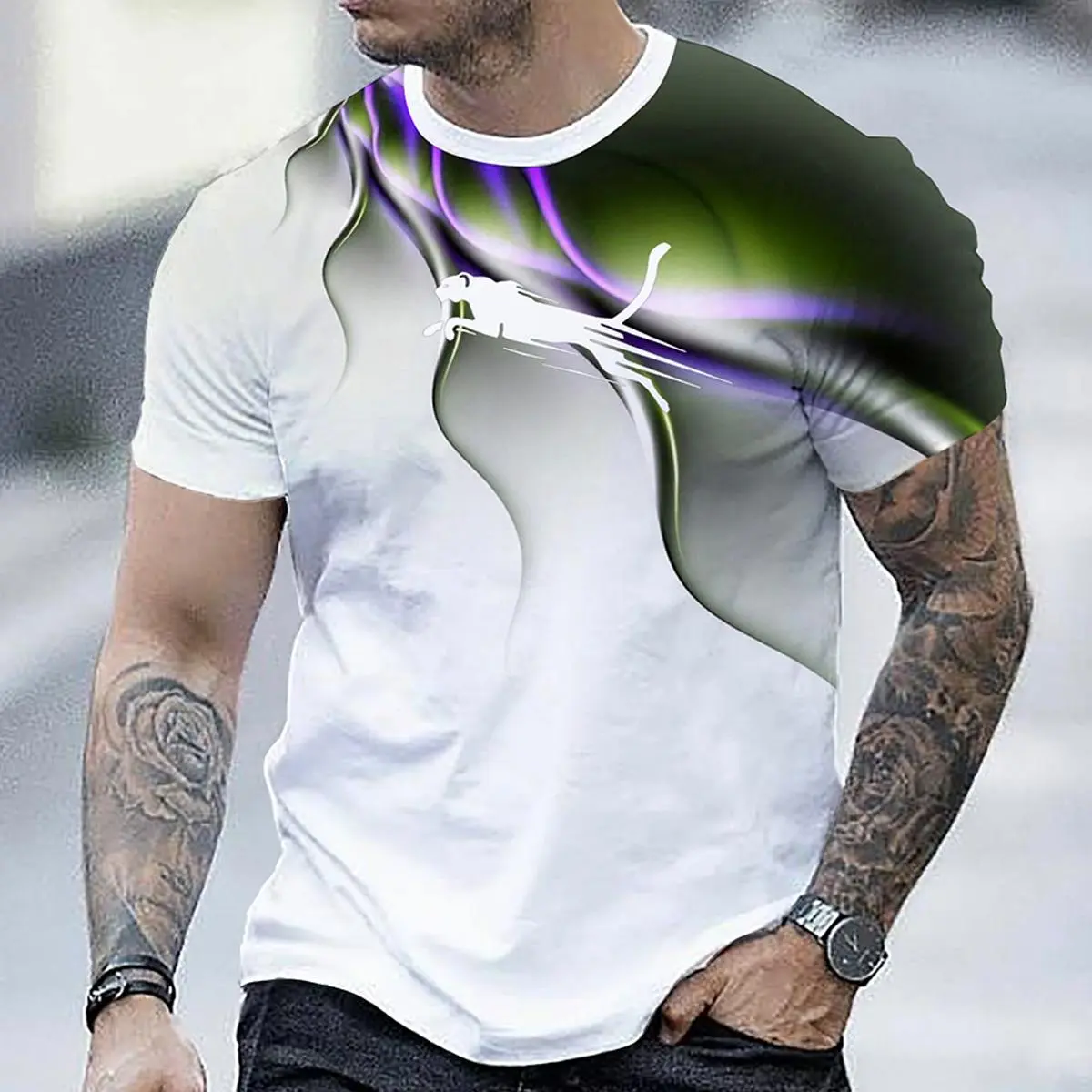 New Men's T-Shirt 3D Digital Printing Men's Short Sleeve Fashion Sports Men's European and American Style Trend Tops