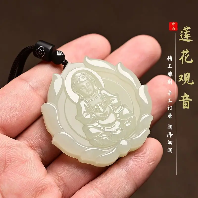 Mặt Dây Chuyền Phật Di Lặc Ngọc Bích, Vòng Cổ May Mắn Cho Nam, Mặt Dây Chuyền Khóa Hòa Bình, Vương Miện Quan Âm Trên Hoa Sen, Thích Hợp Cho Nam Và Nữ, Vòng Cổ